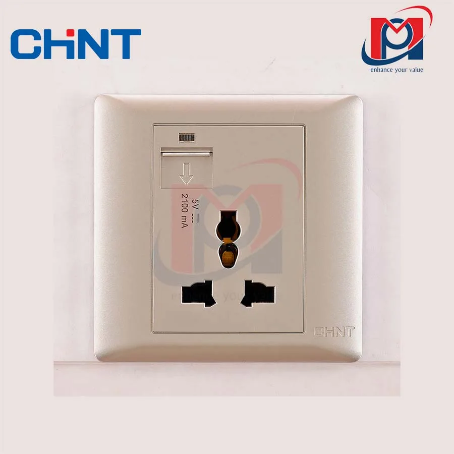 G NEW7-G13112 - Bộ ổ cắm đa năng 3 chấu 13A 250V, ổ cắm sạc USB 2.1A màu vàng - Chint - 737382