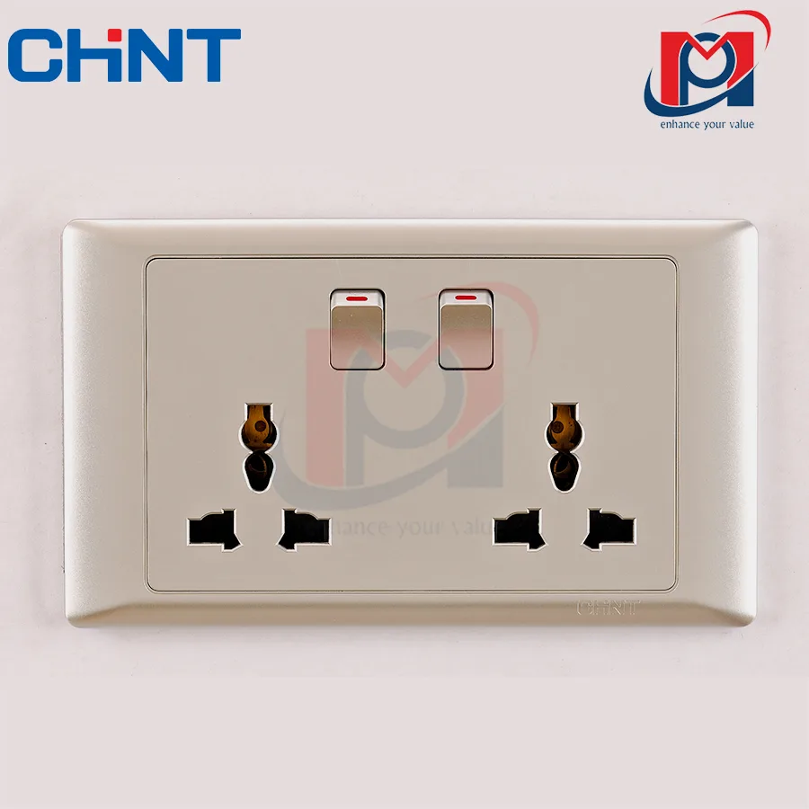 NEW7-G41922 - Bộ ổ cắm đôi đa năng 13 A 250V, có công tắc nguồn màu vàng - Chint - 737537