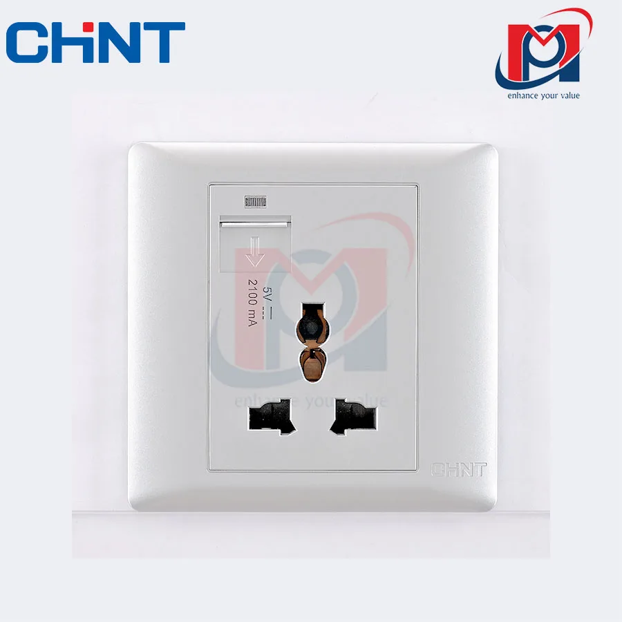 G NEW7-G13110 - Bộ ổ cắm đa năng 3 chấu 13A 250V, ổ cắm sạc USB 2.1A màu trắng - Chint - 737379