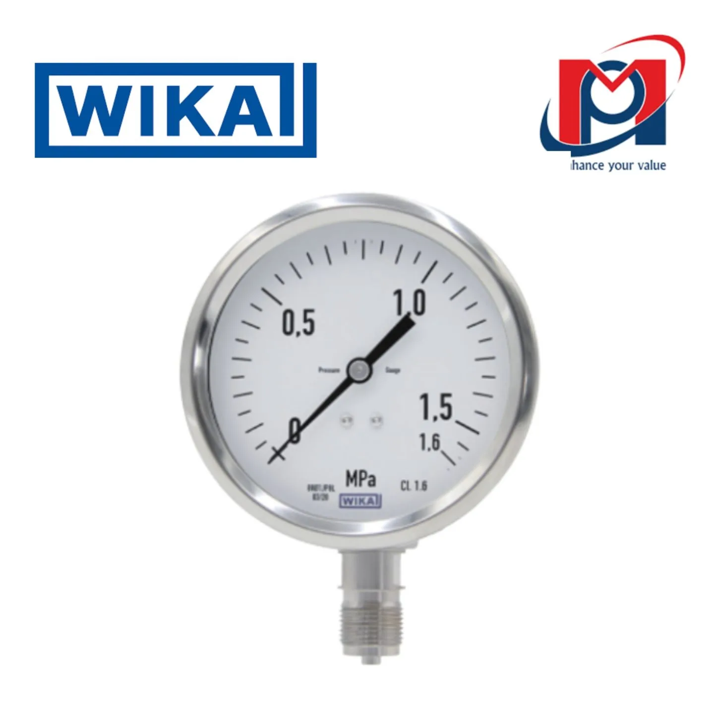 Đồng hồ áp suất Wika PGE23 đường kính 100mm, 100bar chân đứng, ren kết nối 1/2NPT