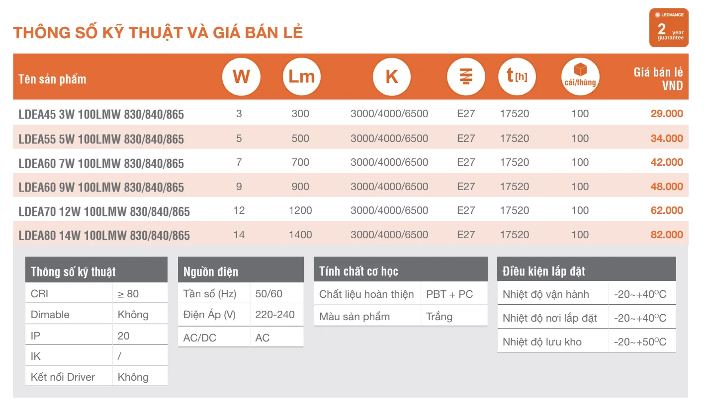 Thông số kỹ thuật và giá bán lẻ a blub osram levance
